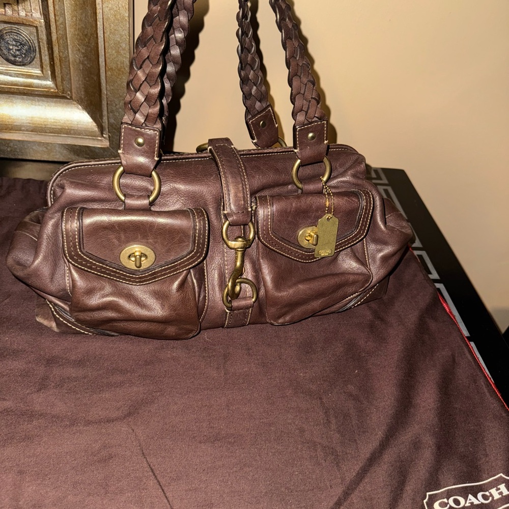 Coach Brown Satchel with Gold Hardware and Structured Design